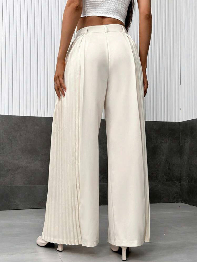 CM-BS864645 Women Casual Seoul Style High Waist Pleated Panel Wide Leg Pants - Beige