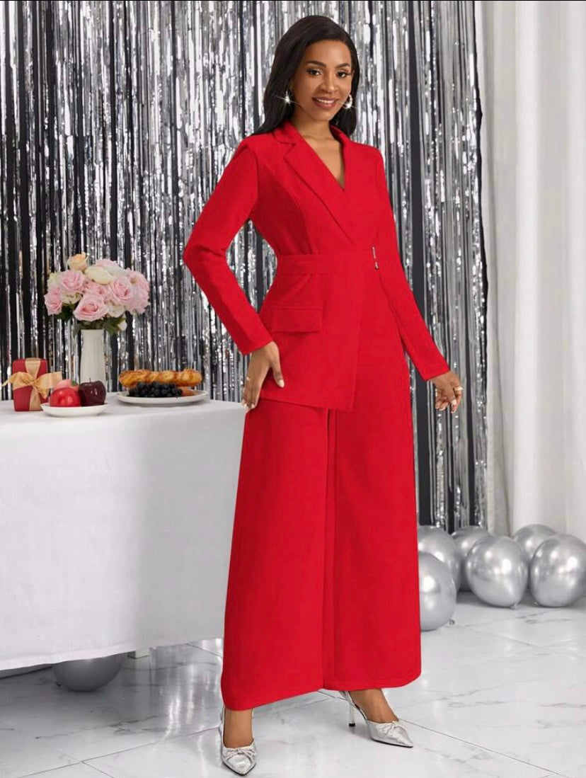 CM-JS266444 Women Elegant Seoul Style Lapel Neck Flap Pocket Buckle Detail Jumpsuit - Red