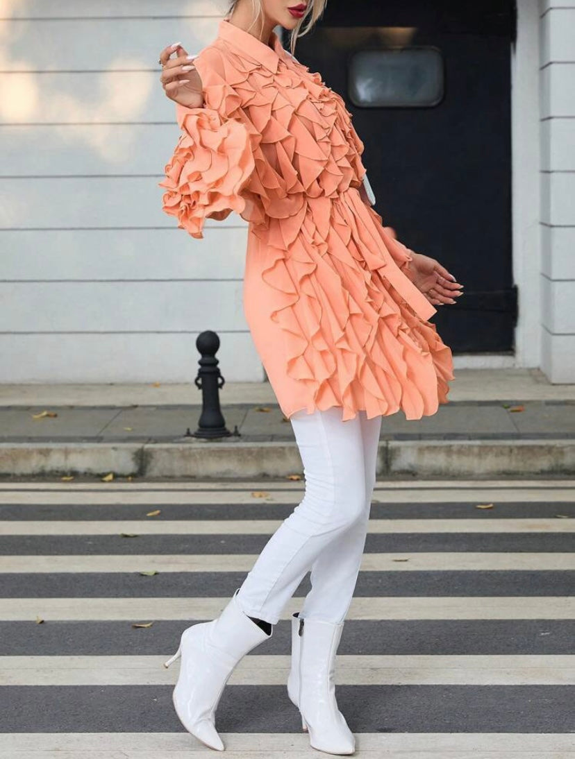 CM-TS355591 Women Casual Seoul Style Lantern Sleeve Ruffle Trim Belted Shirt