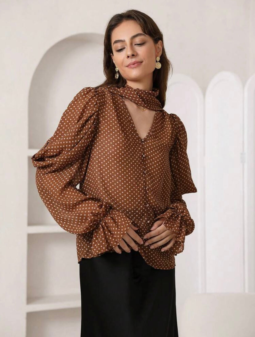 CM-TS400486 Women Elegant Seoul Style Polka Dot Print Choker Neck Flounce Sleeve Blouse