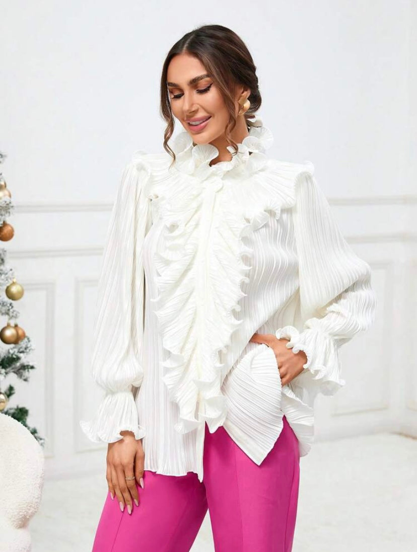 CM-TS899742 Women Elegant Seoul Style Ruffle Trim Flare Sleeve Blouse - White