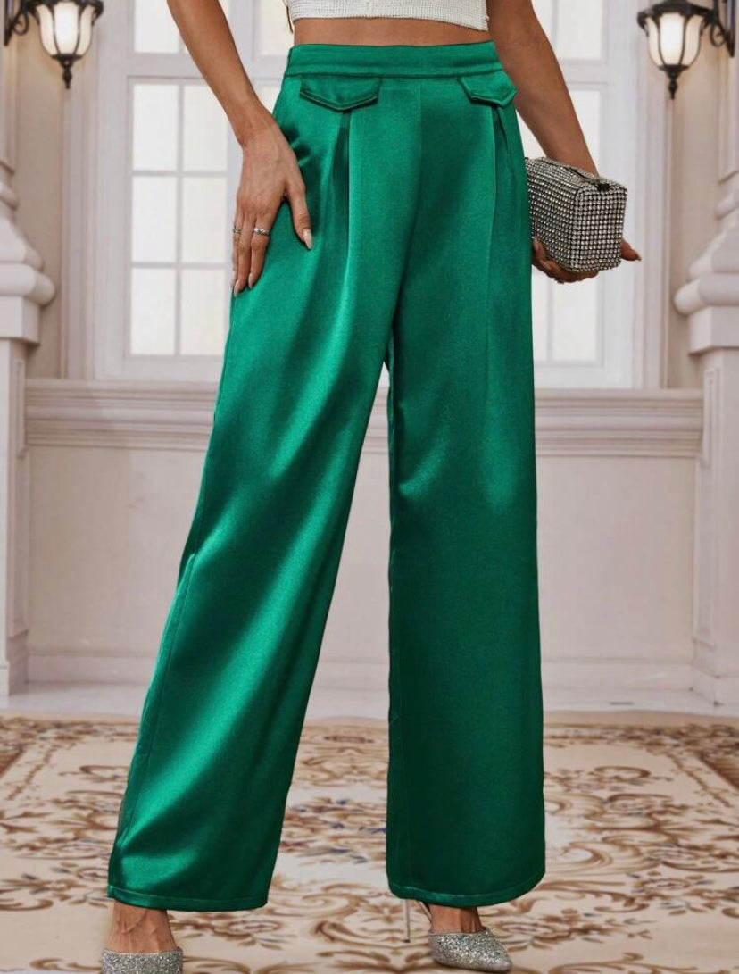 CM-BS617907 Women Casual Seoul Style High Waist Plicated Detail Wide Leg Pants - Green