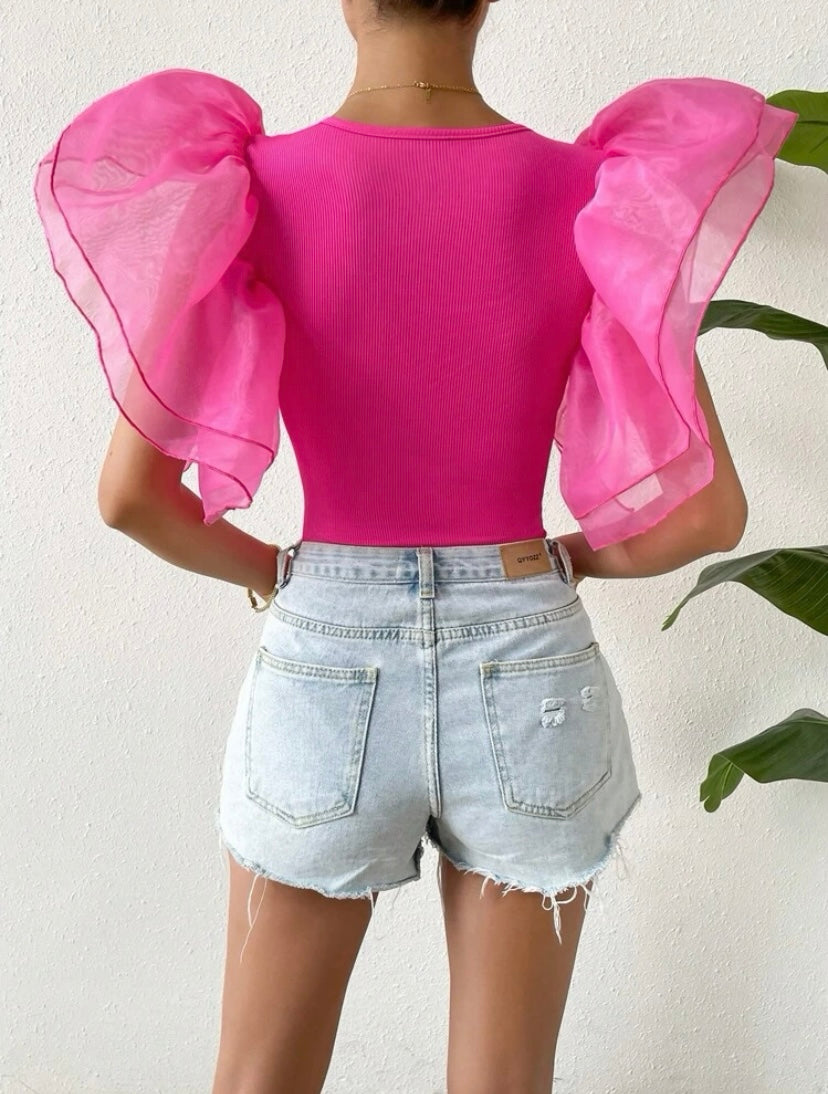 CM-TS744414 Women Casual Seoul Style Contrast Mesh Butterfly Sleeve Bodysuit - Hot Pink