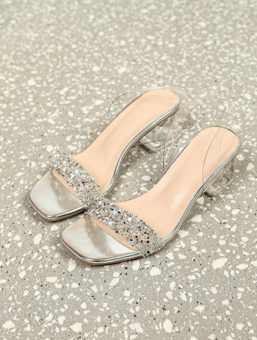 CM-SHS653580 Women Trendy Seoul Style Transparent Crystal Open Toe Ankle Strap Heels