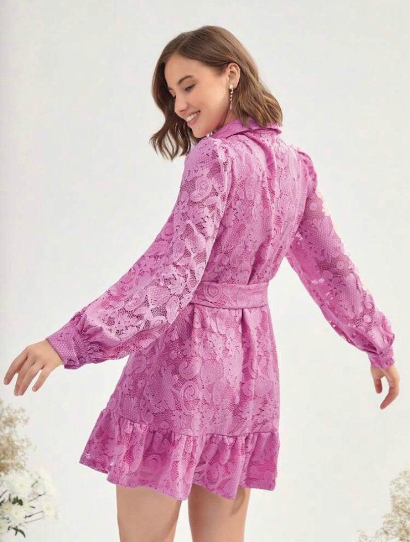 CM-DS410010 Women Elegant Seoul Style Floral Jacquard Ruffle Hem Belted Shirt Dress - Pink
