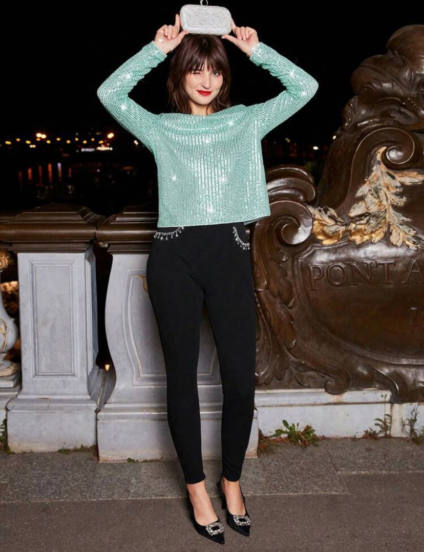 CM-TS554664 Women Elegant Seoul Style Sequin Decor Round Neck Top - Mint Green