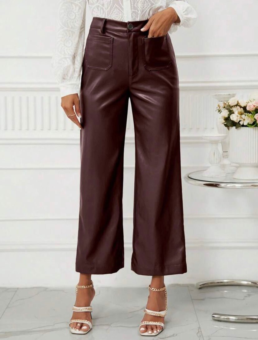 CM-BS596223 Women Casual Seoul Style High Waist PU Leather Wide Leg Pants - Chocolate Brown