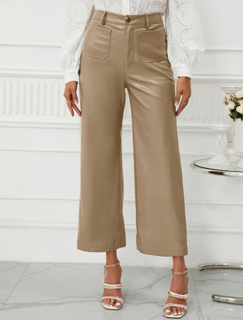 CM-BS549609 Women Casual Seoul Style High Waist PU Leather Wide Leg Pants - Camel