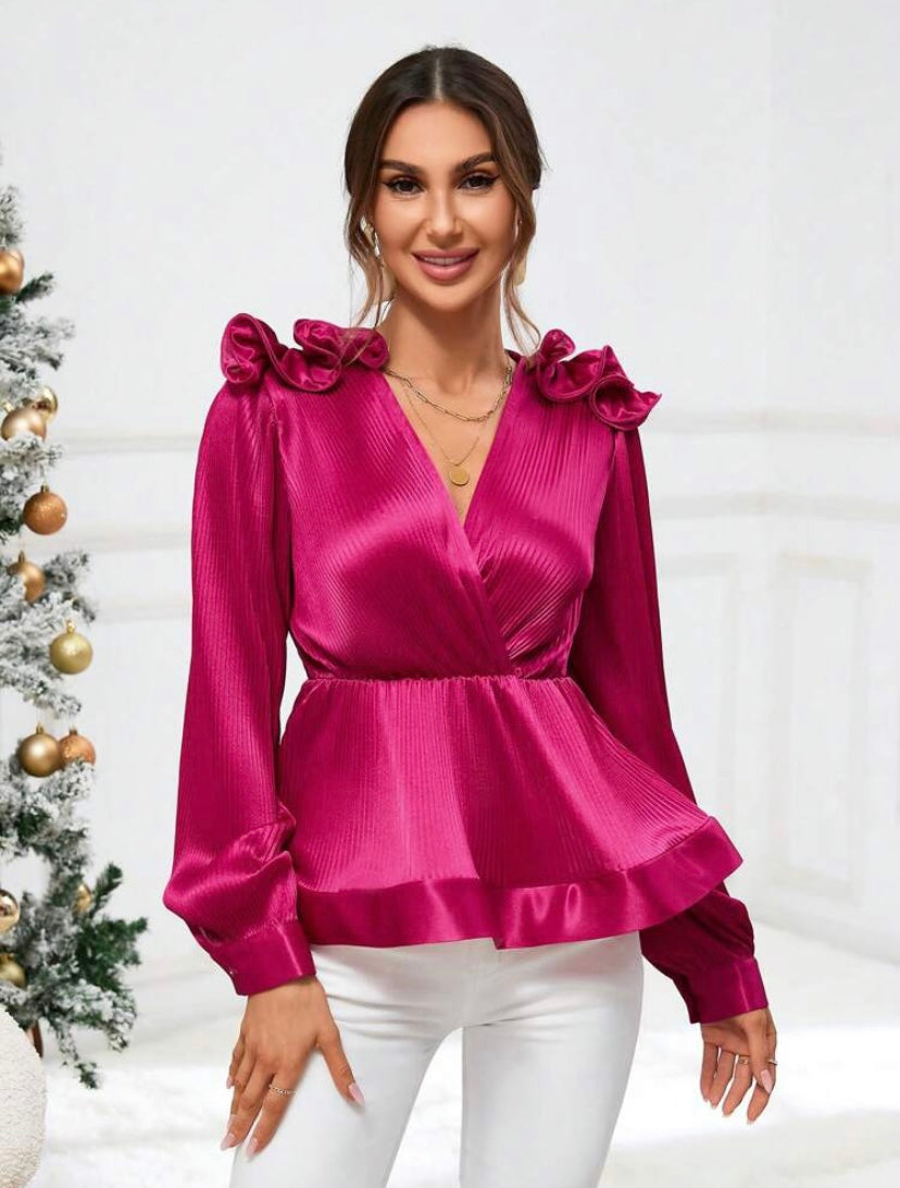 CM-TS189618 Women Elegant Seoul Style Ruffle Trim Lantern Sleeve Peplum Blouse - Hot Pink