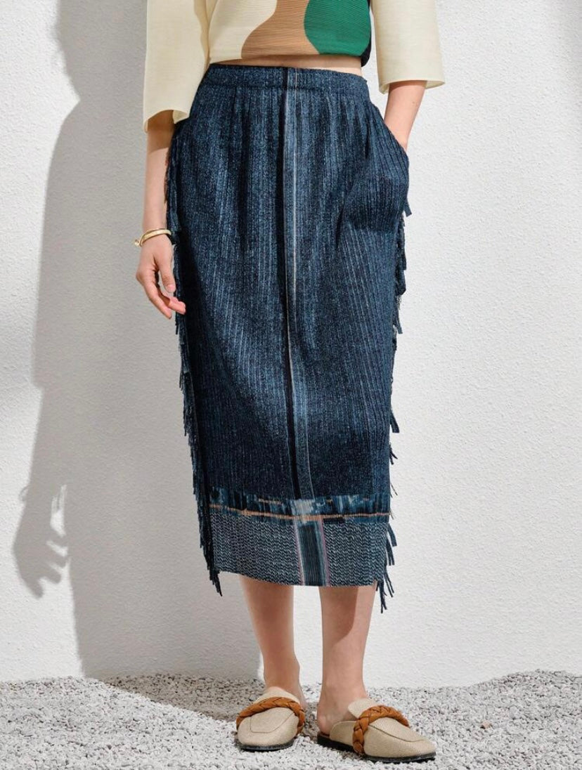 CM-BS552938 Women Casual Seoul Style Fringe Trim Slant Pocket Skirt - Blue