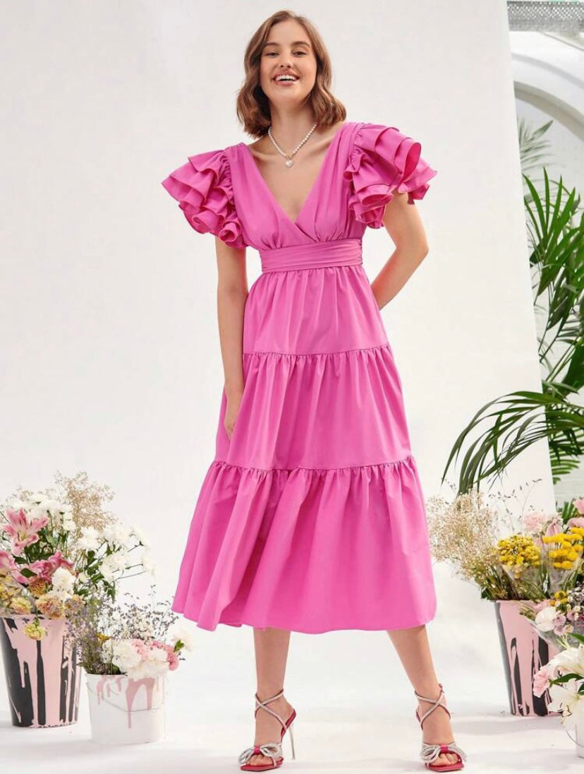 CM-DS385882 Women Elegant Seoul Style Plunging Neck Ruffle Hem Dress - Pink