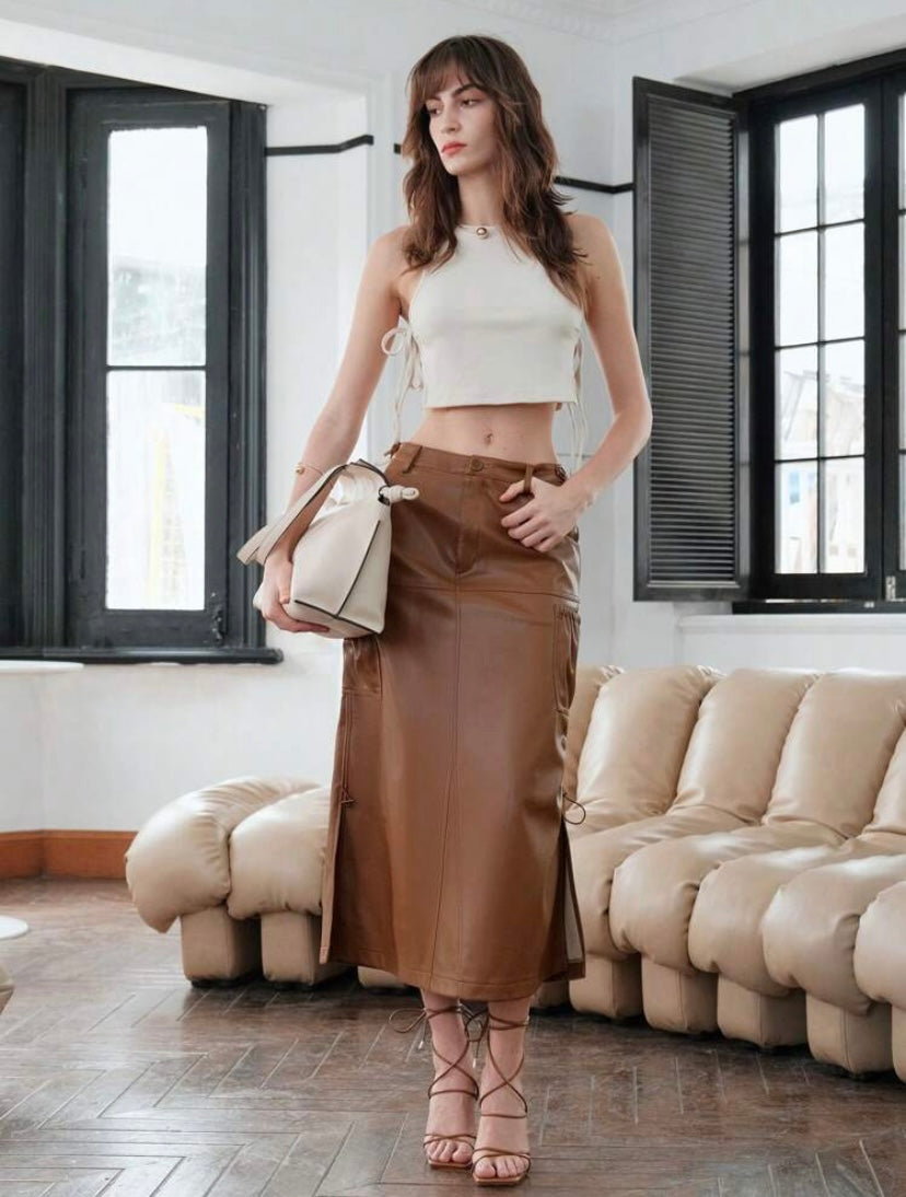 CM-BS375550 Women Elegant Seoul Style Split Hem PU Leather Midi Skirt - Brown