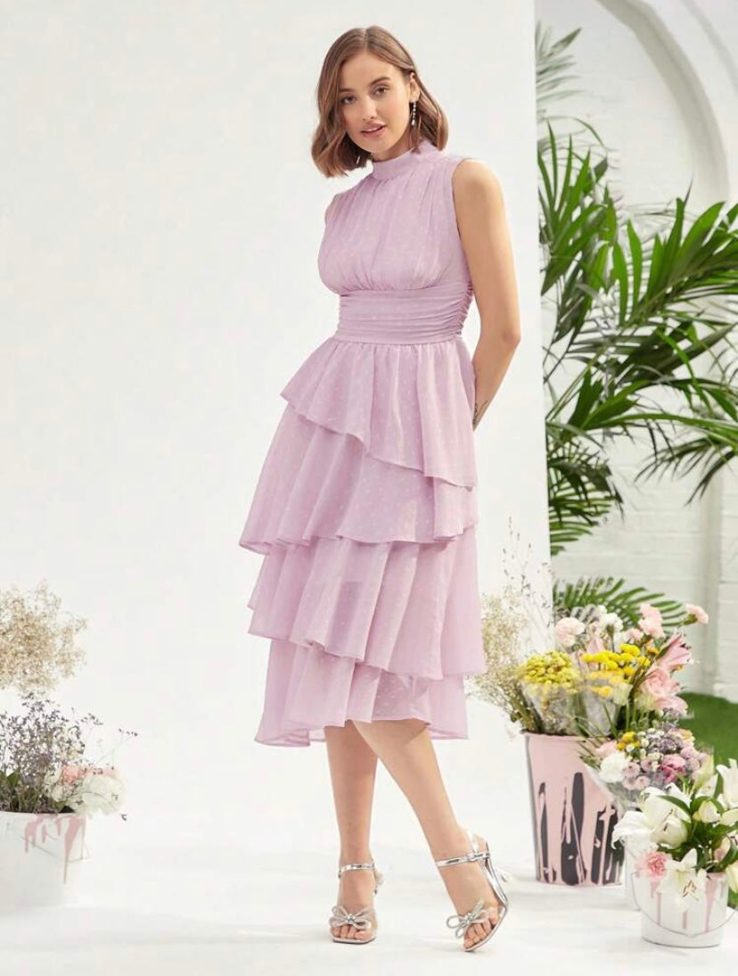 CM-DS362216 Women Elegant Seoul Style Mock Neck Ruched Bust Layered Hem Dress - Pink