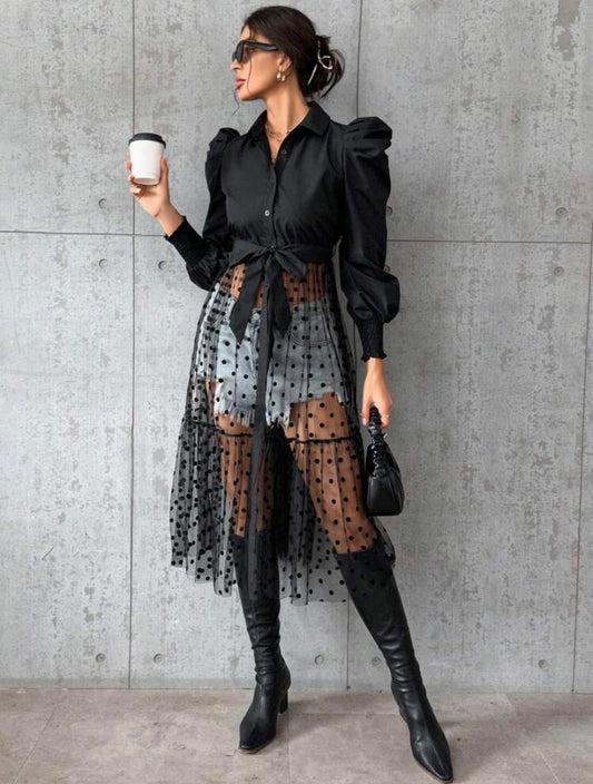 CM-TS819715 Women Casual Seoul Style Dobby Mesh Overlay Belted Blouse - Black