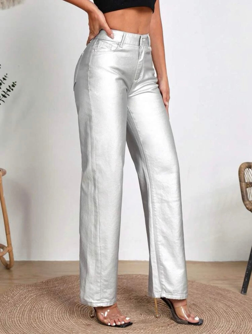 CM-BS411783 Women Elegant Seoul Style Zipper Fly Loose Straight Leg Jeans - Silver