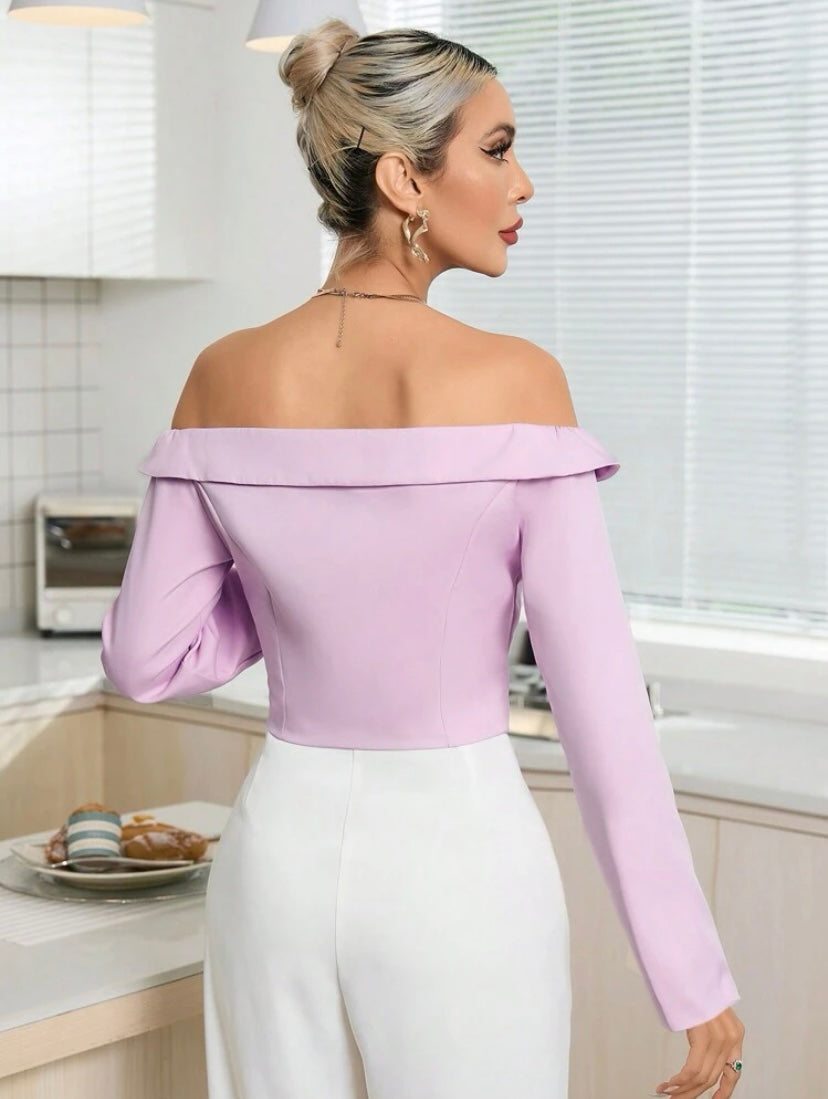 CM-TS112716 Women Elegant Seoul Style Off Shoulder Button Front Crop Blouse