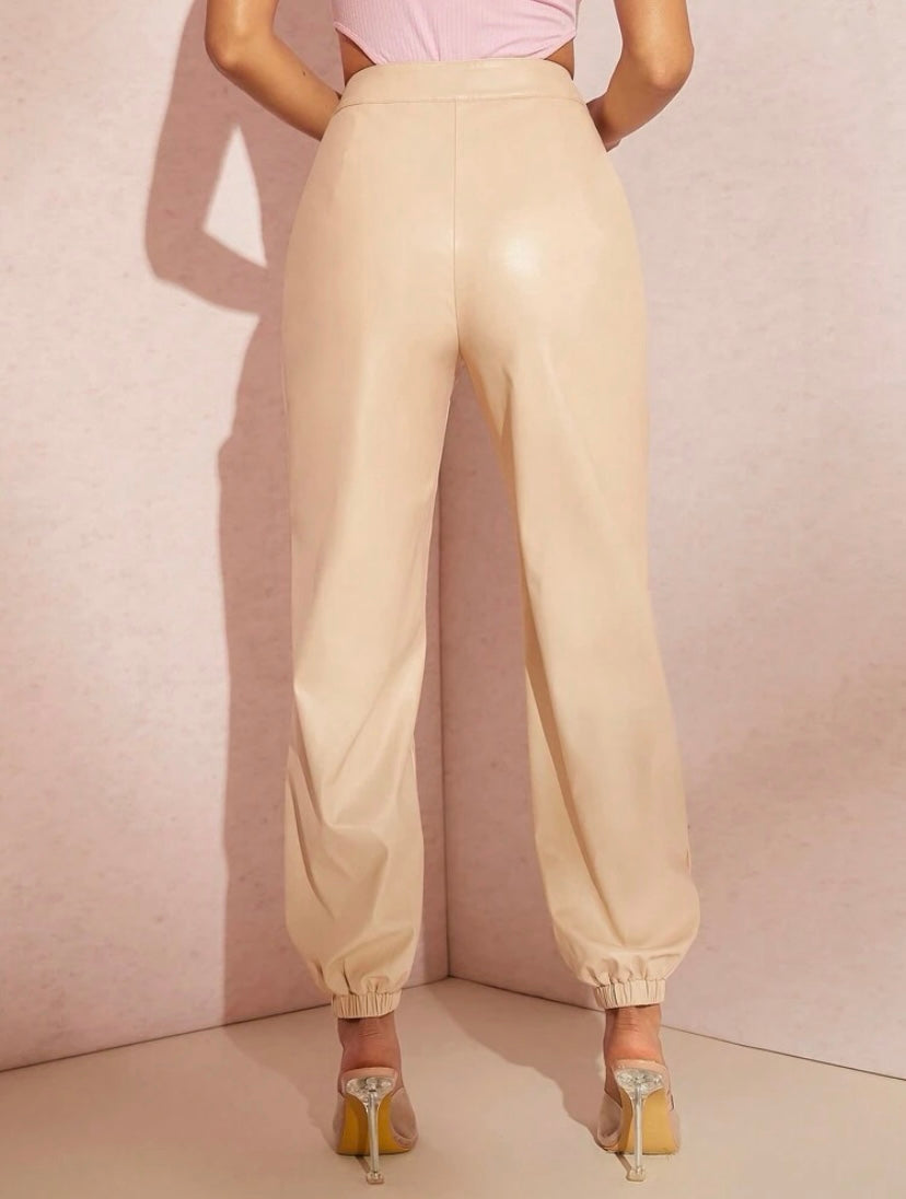 CM-BS545292 Women Casual Seoul Style Solid PU Leather Jogger Pants - Apricot