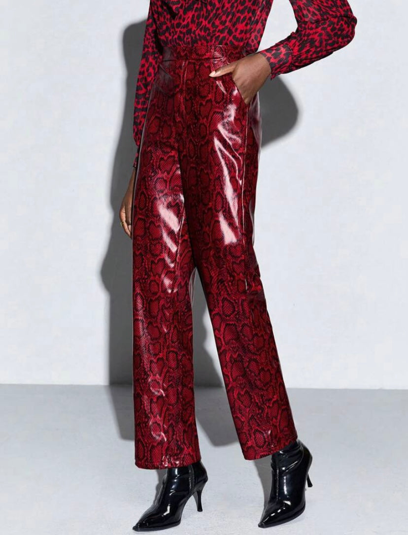 CM-BS080896 Women Elegant Seoul Style All-Over Print PU Leather Pants - Red