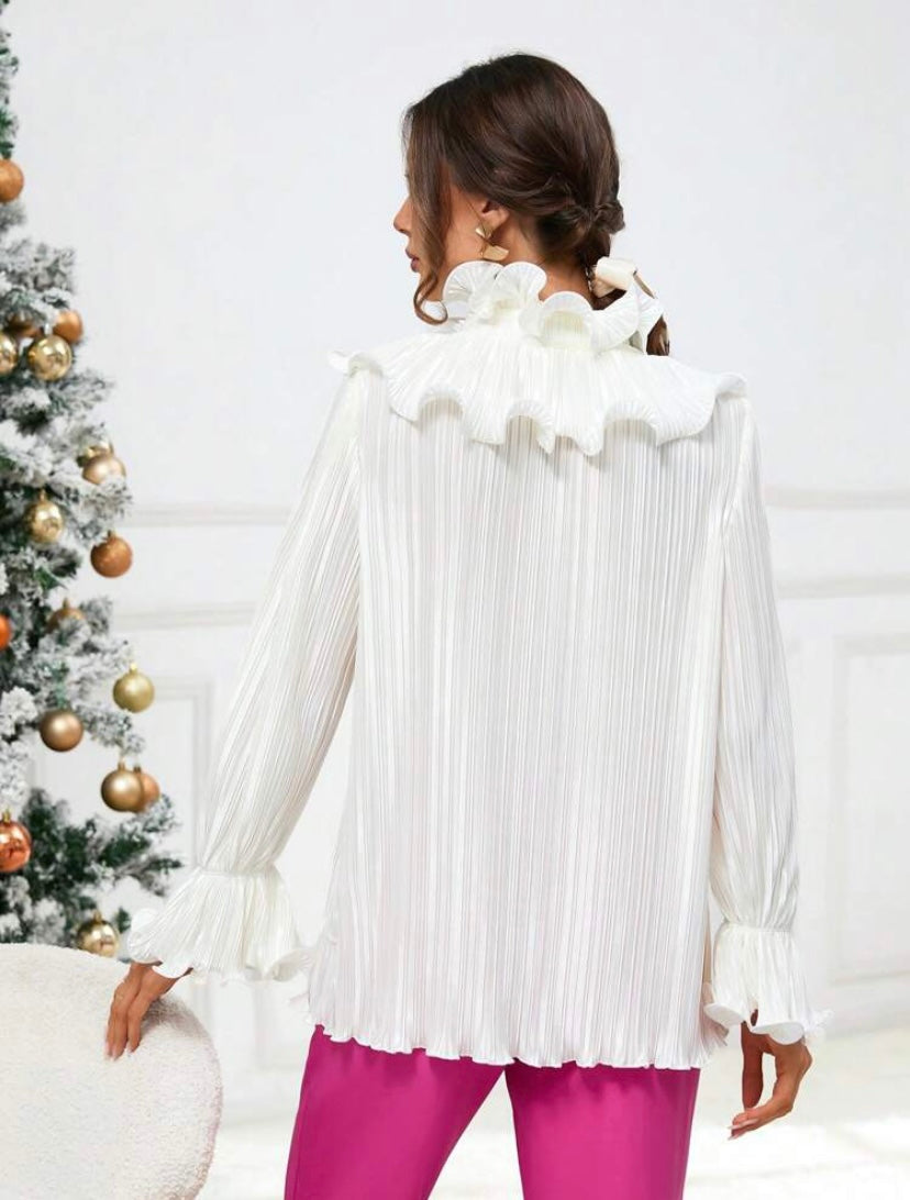CM-TS899742 Women Elegant Seoul Style Ruffle Trim Flare Sleeve Blouse - White