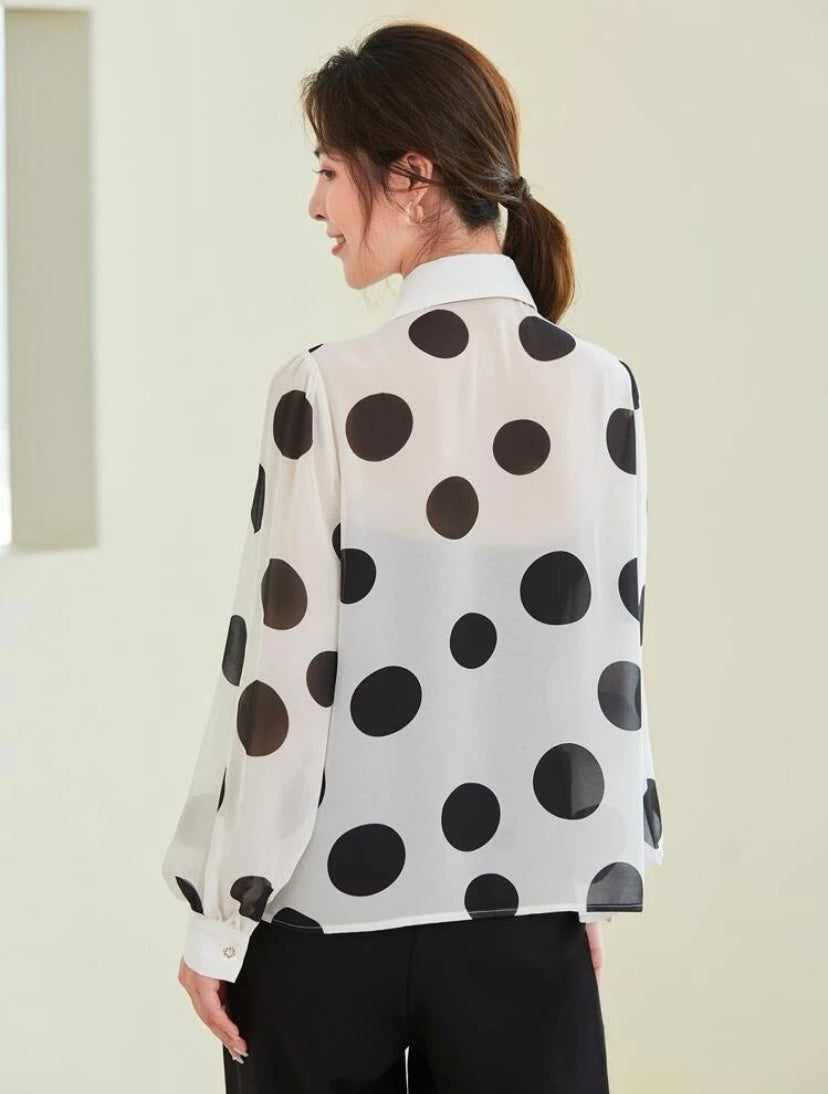 CM-TS083170 Women Elegant Seoul Style Polka Dot Tie Neck Long Sleeve Shirt
