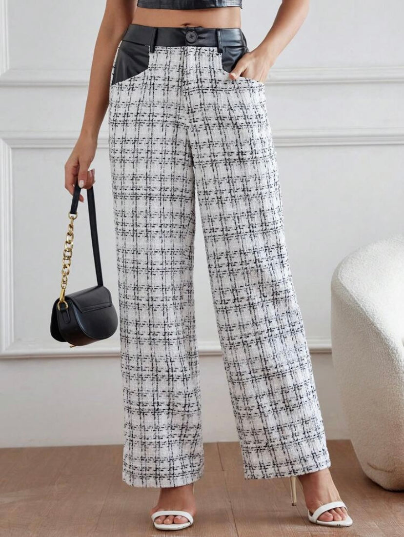 CM-BS366772 Women Elegant Seoul Style Plaid Print Slant Pocket Wide Leg Pants