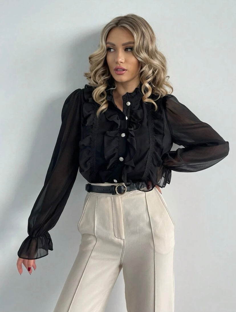 CM-TS320762 Women Elegant Seoul Style Flounce Sleeve Ruffle Trim Button Front Shirt