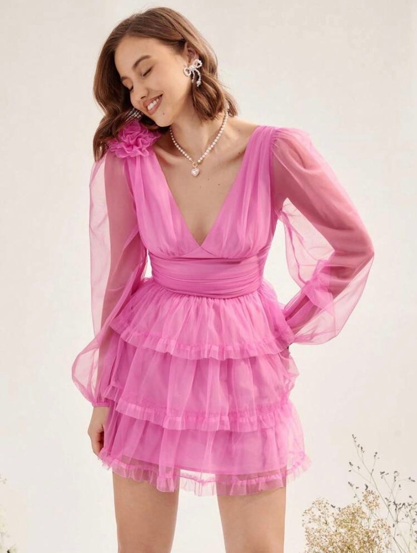 CM-DS046415 Women Elegant Seoul Style Plunging Neck Lantern Sleeve Ruffle Hem Organza Dress