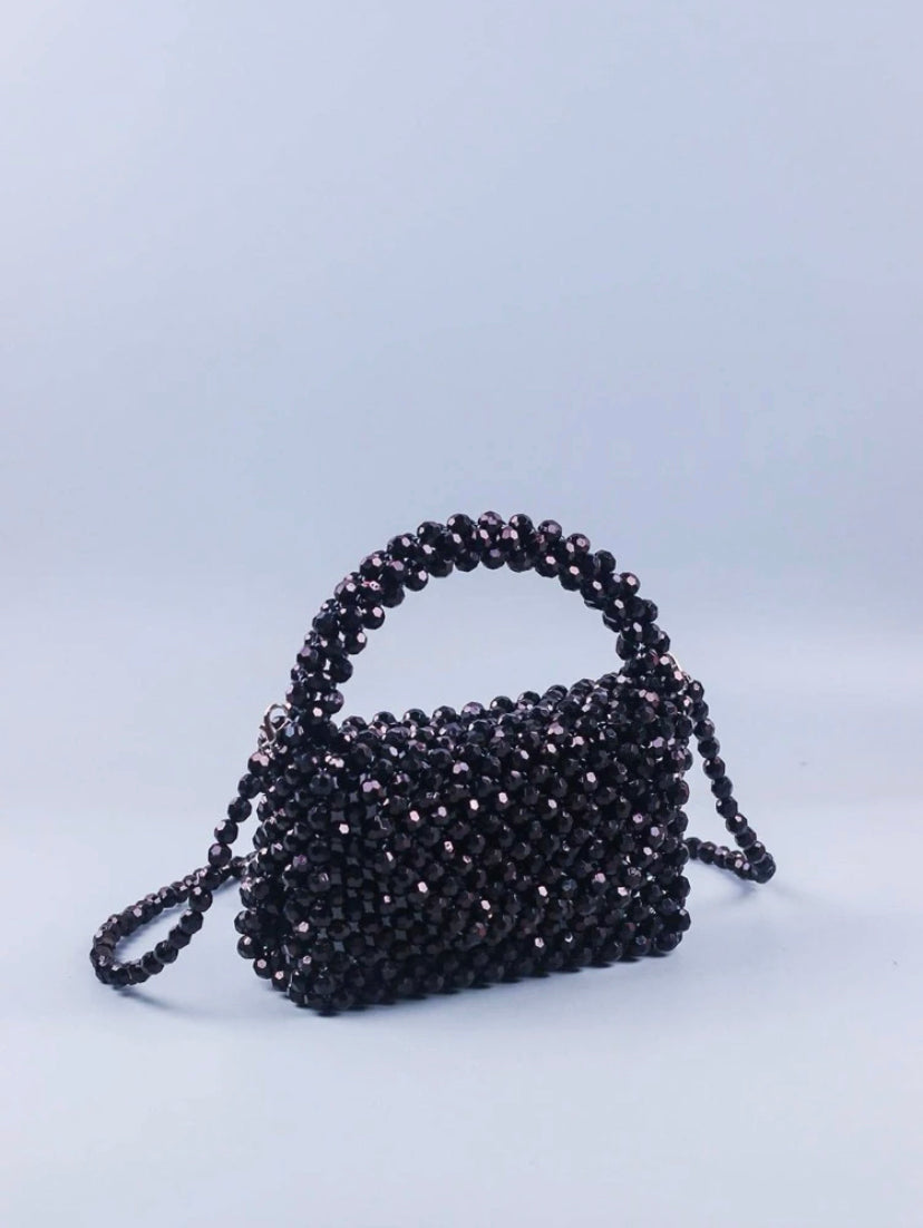 CM-BGS163585 Women Trendy Seoul Style Mini Beaded Satchel Bag Top Handle - Black