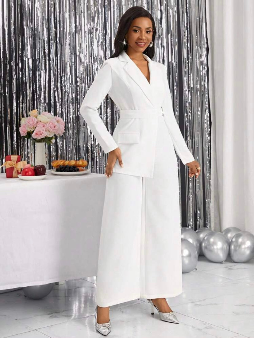 CM-JS207700 Women Elegant Seoul Style Lapel Neck Flap Pocket Buckle Detail Jumpsuit - White