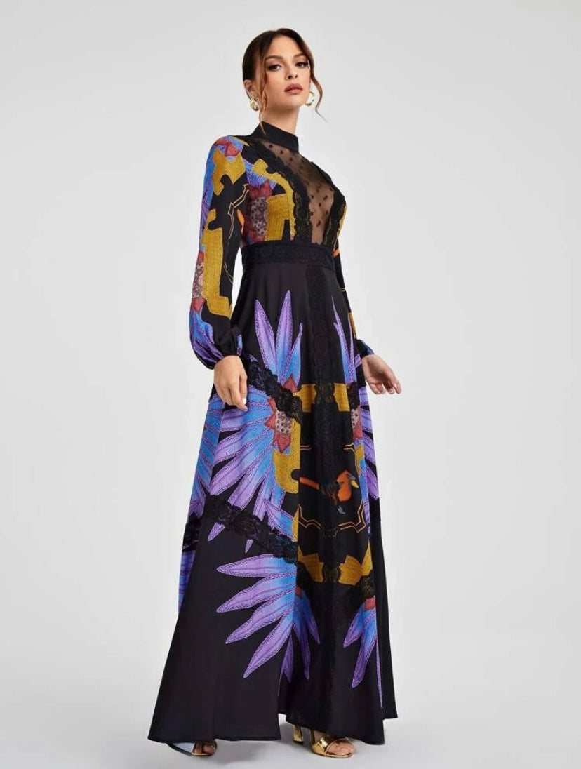 CM-DS525562 Women Elegant Seoul Style Floral Print Mock Neck Belted Dress