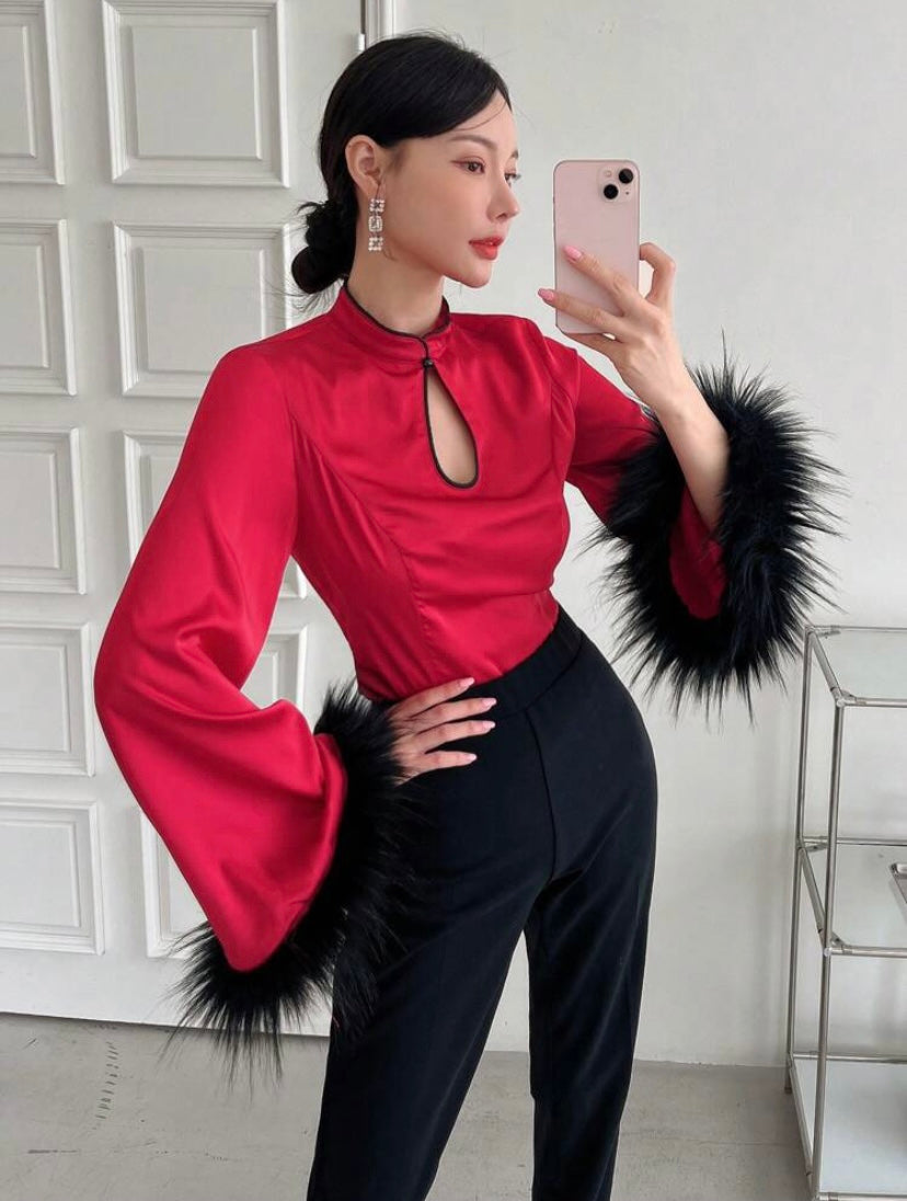 CM-TS119182 Women Elegant Seoul Style Keyhole Neck Fuzzy Cuff Trumpet Sleeve Blouse