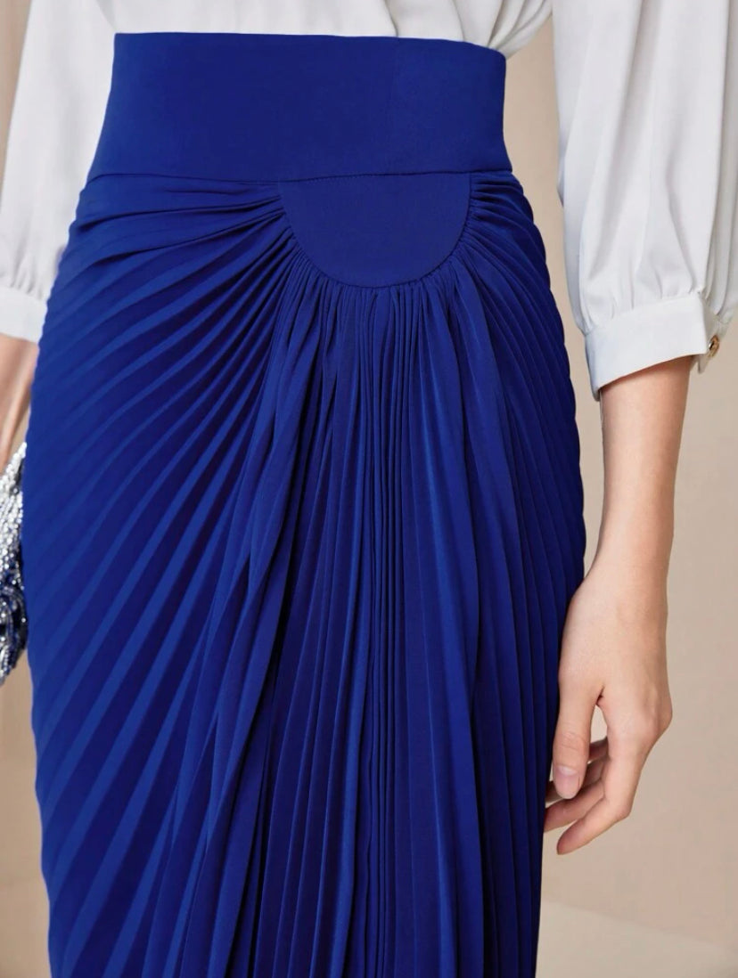 CM-BS692083 Women Elegant Seoul Style Solid Asymmetrical Hem Pleated Skirt - Blue