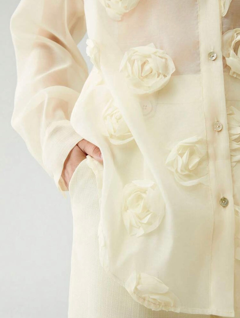CM-TS800603 Women Casual Seoul Style Appliques Button Front Drop Shoulder Shirt