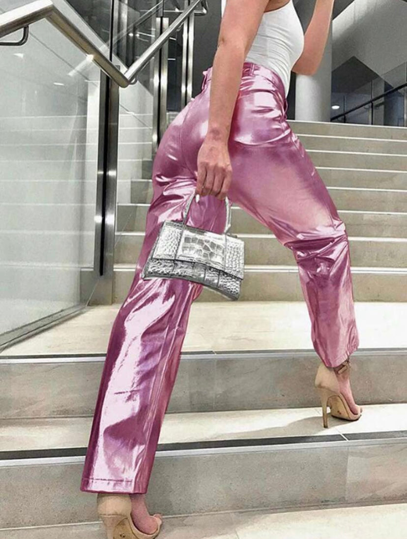 CM-BS050070 Women Elegant Seoul Style Shiny Straight Leg Trousers - Pink