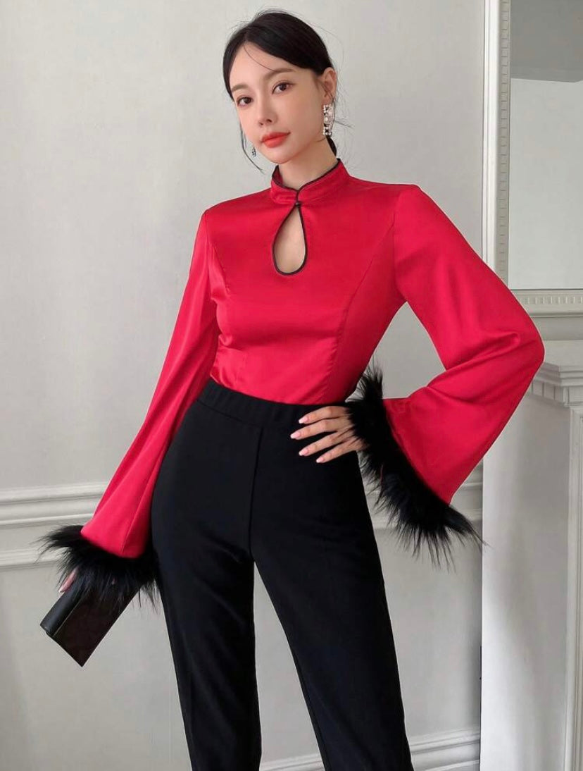 CM-TS119182 Women Elegant Seoul Style Keyhole Neck Fuzzy Cuff Trumpet Sleeve Blouse