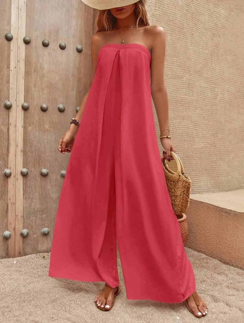 CM-JS852249 Women Trendy Bohemian Style Solid Tie Back Tube Wide Leg Jumpsuit - Red
