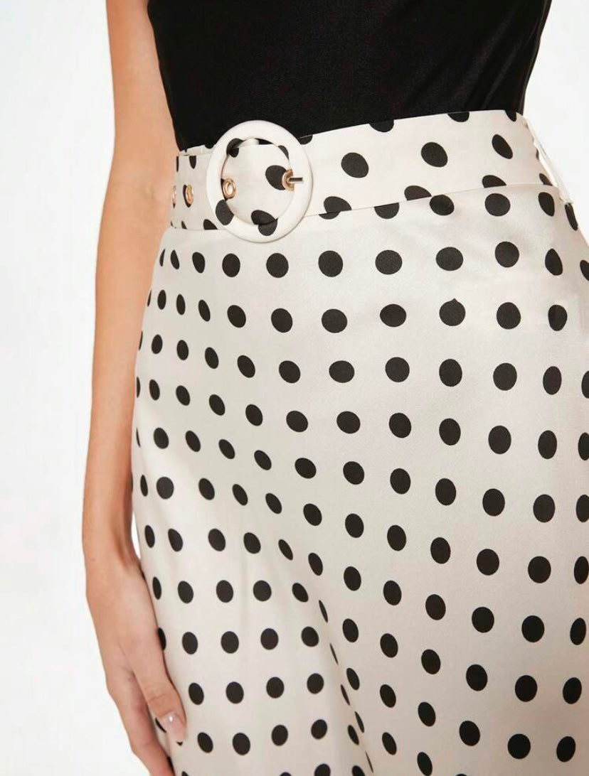 CM-BS744044 Women Elegant Seoul Style High Waist Polka Dot Print Belted Skirt