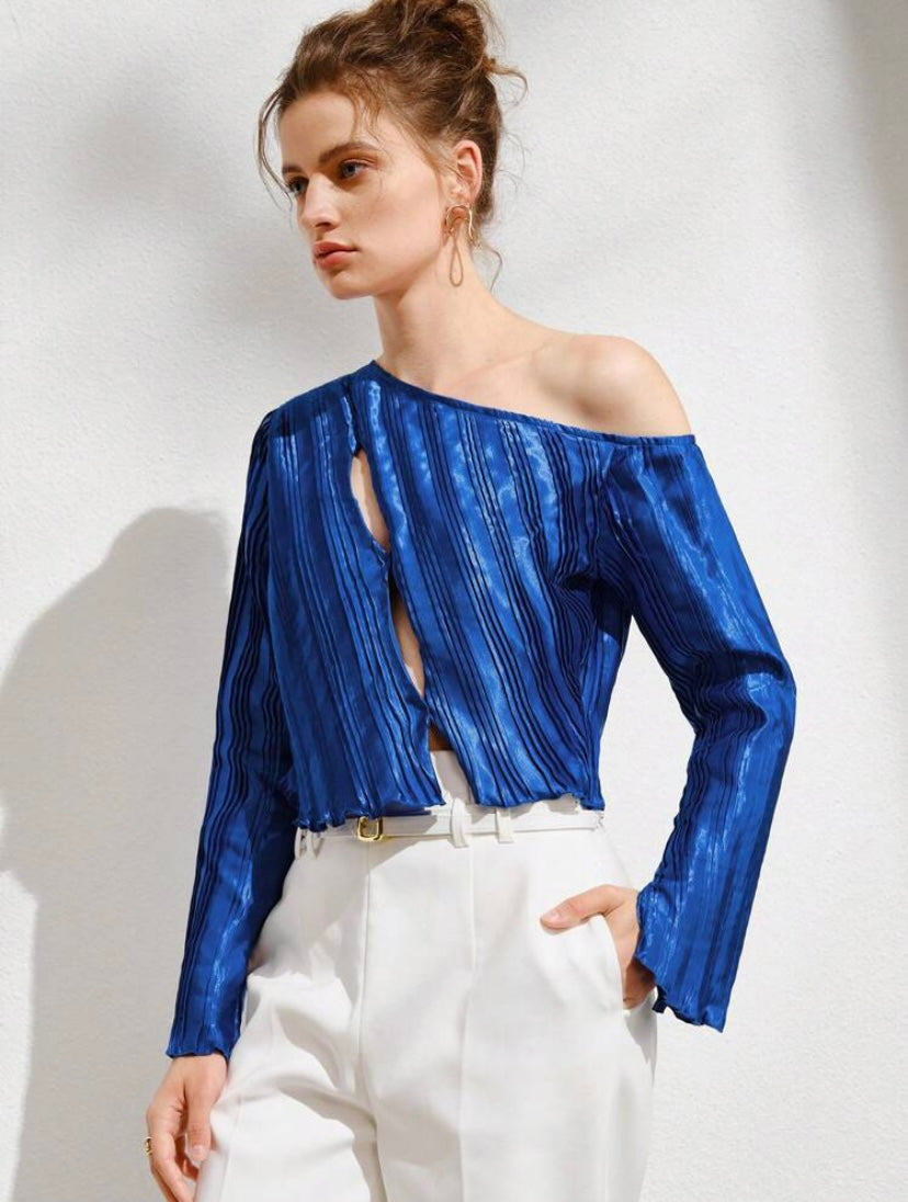 CM-TS107690 Women Casual Seoul Style Asymmetrical Neck Split Sleeve Lettuce Trim Top