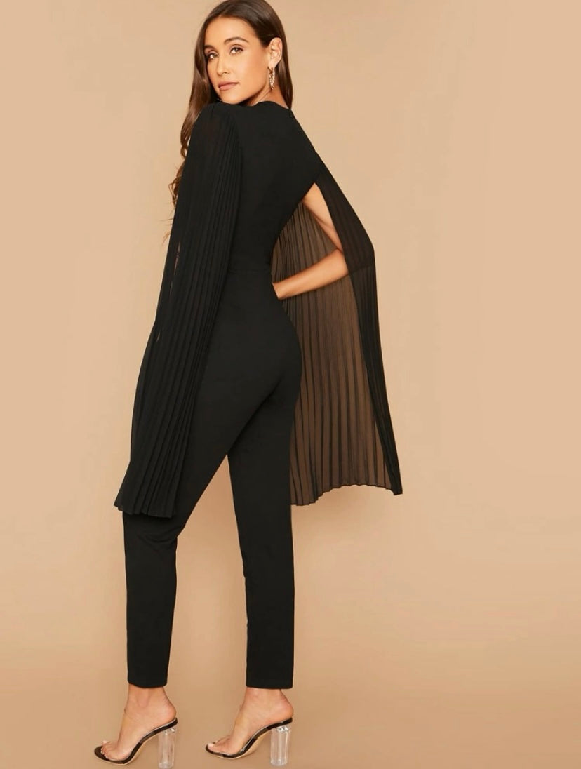 CM-JS923091 Women Elegant Seoul Style Round Neck Solid Pleated Cape Jumpsuit - Black