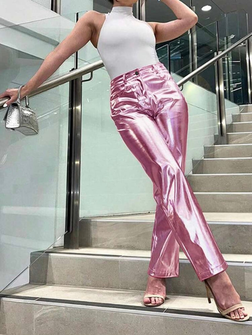 CM-BS050070 Women Elegant Seoul Style Shiny Straight Leg Trousers - Pink