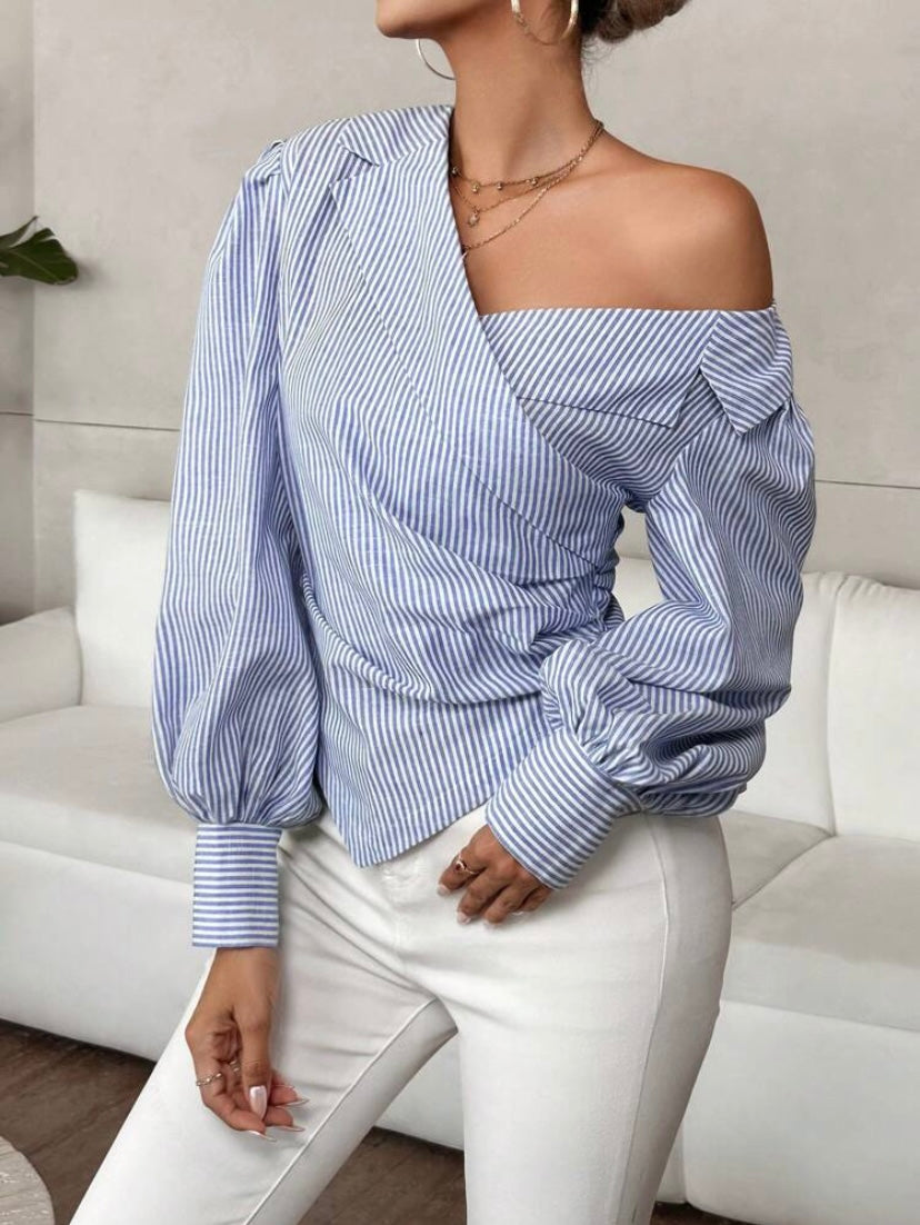 CM-TS740390 Women Casual Seoul Style Asymmetrical Neck Lantern Sleeve Ruched Hem Blouse