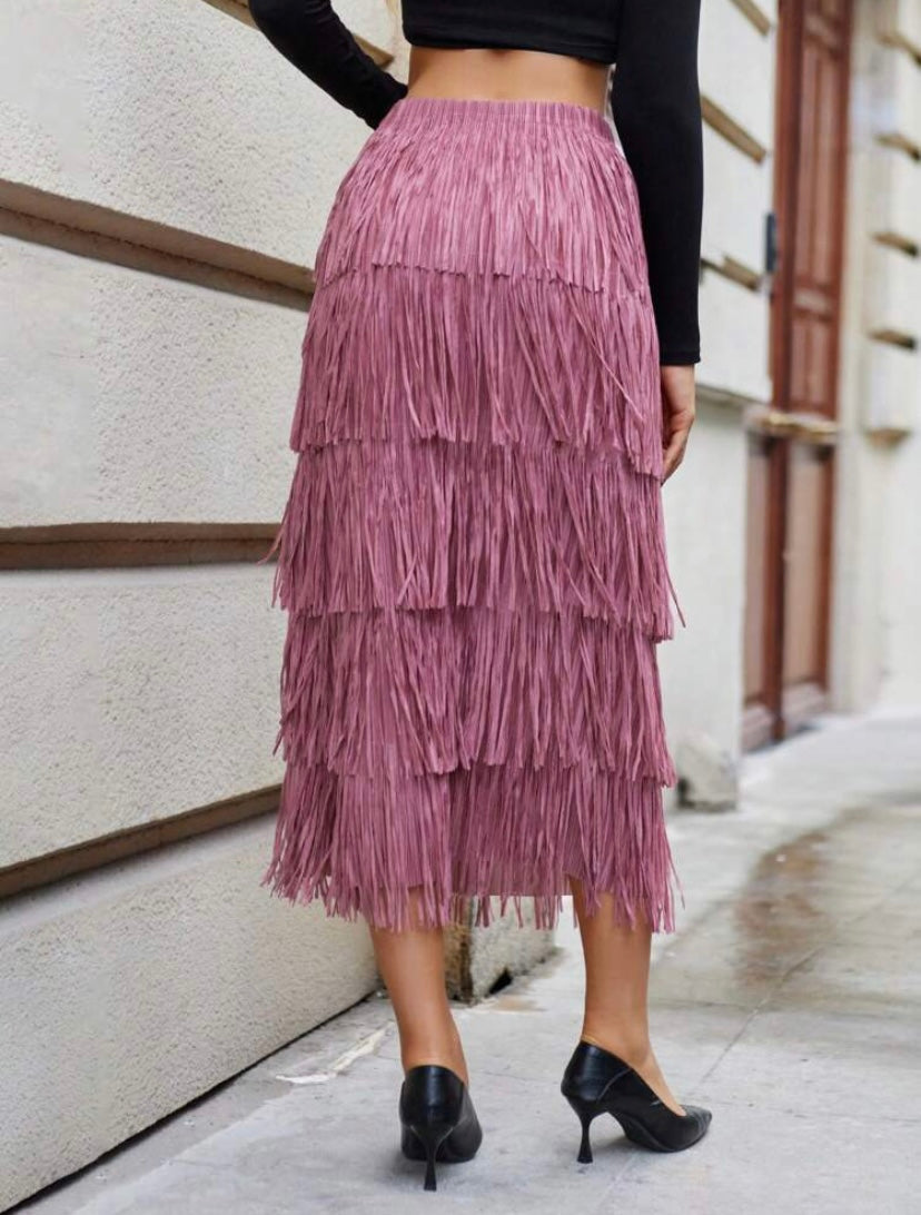 CM-BS188038 Women Elegant Seoul Style Solid Layered Fringe Trim Skirt - Dusty Pink