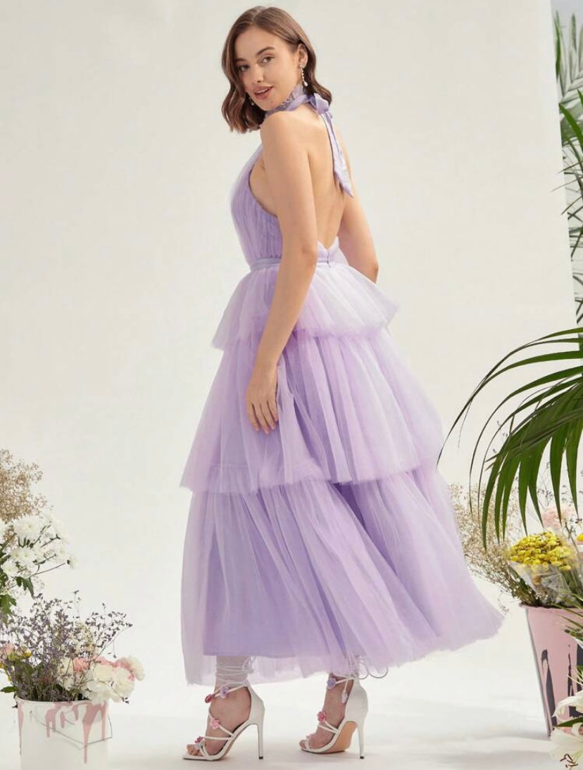 CM-DS328536 Women Elegant Seoul Style Tie Backless Layer Hem Mesh Overlay Halter Neck Dress