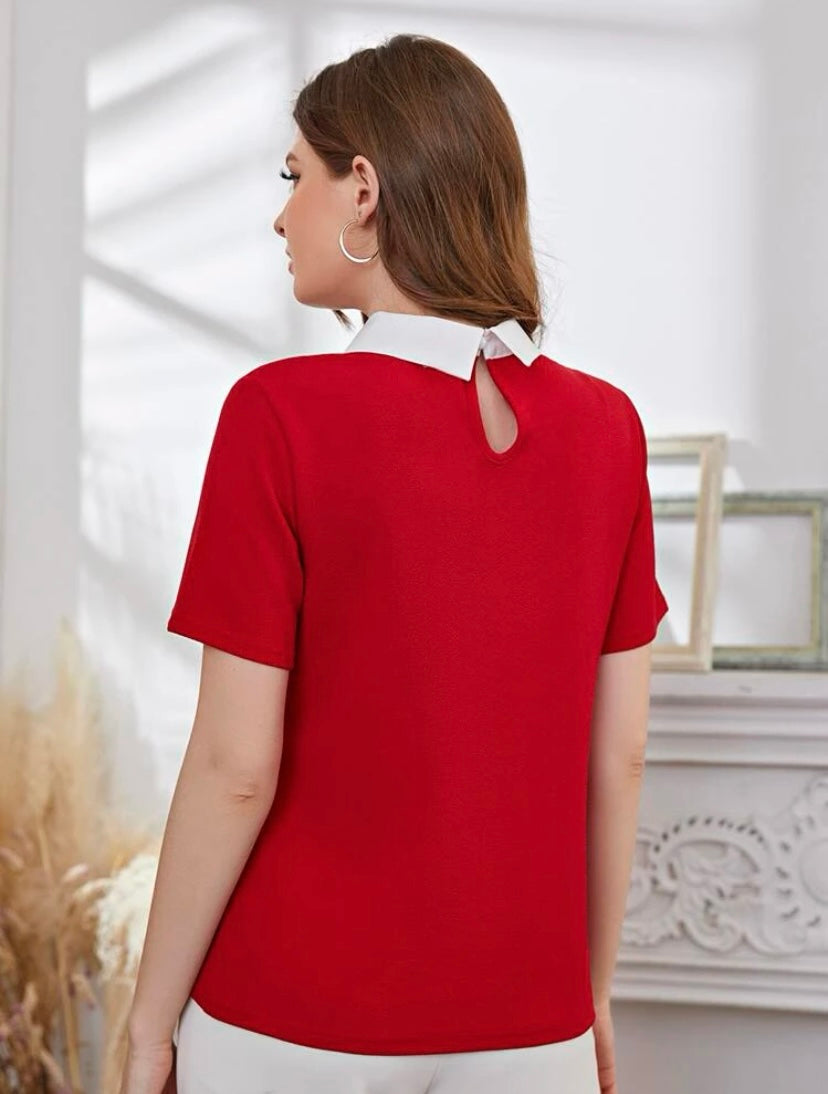 CM-TS683343 Women Casual Seoul Style Contrast Collar Rhinestone Pearls Beaded Blouse - Red