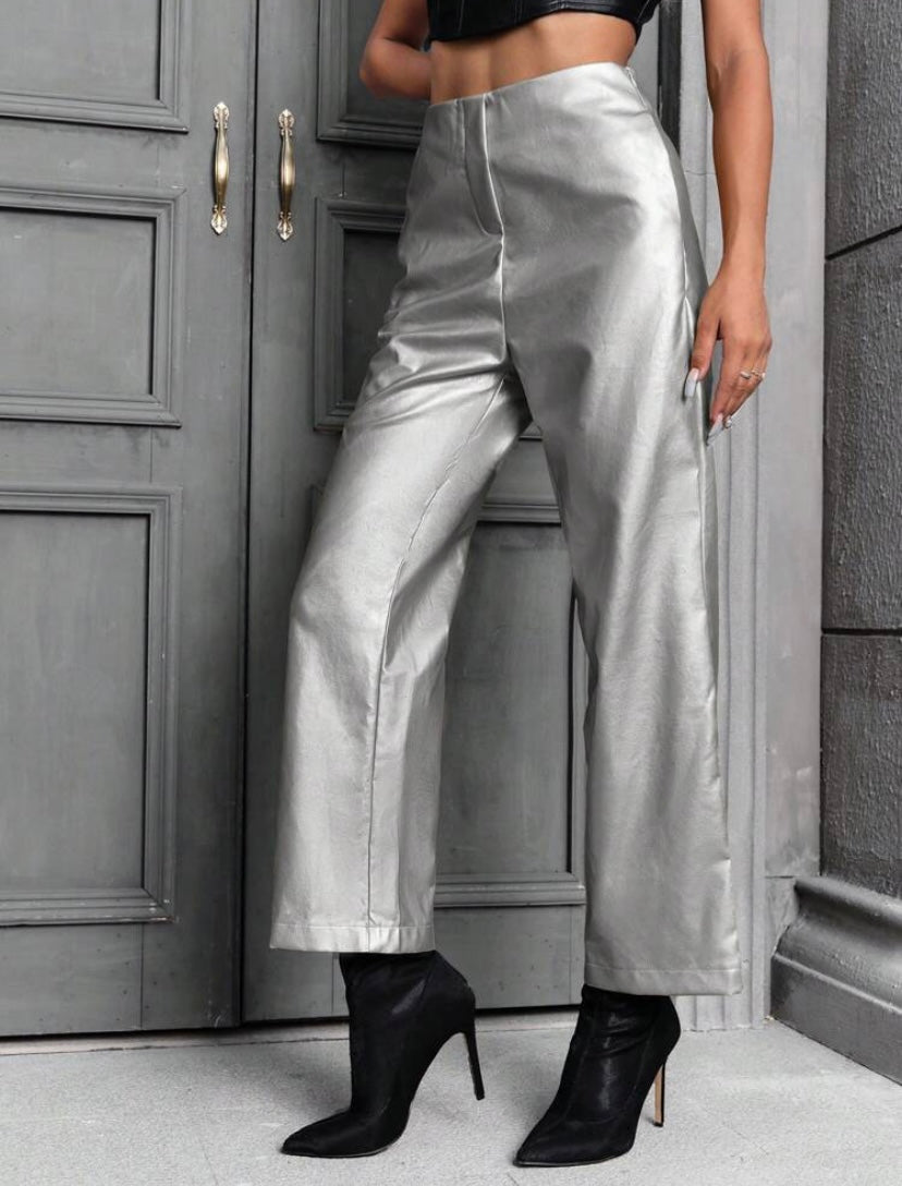 CM-BS275326 Women Elegant Seoul Style Metallic Straight Leg Pants - Silver