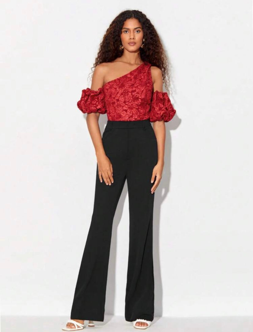 CM-TS749424 Women Elegant Seoul Style Asymmetrical Neck Puff Sleeve Jacquard Bodysuit