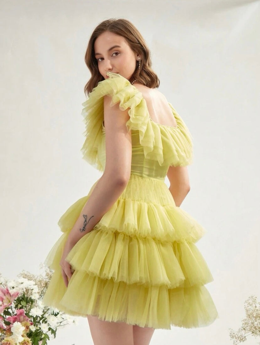 CM-DS262971 Women Elegant Seoul Style Sleeveless Ruffle Trim Mesh Overlay Dress