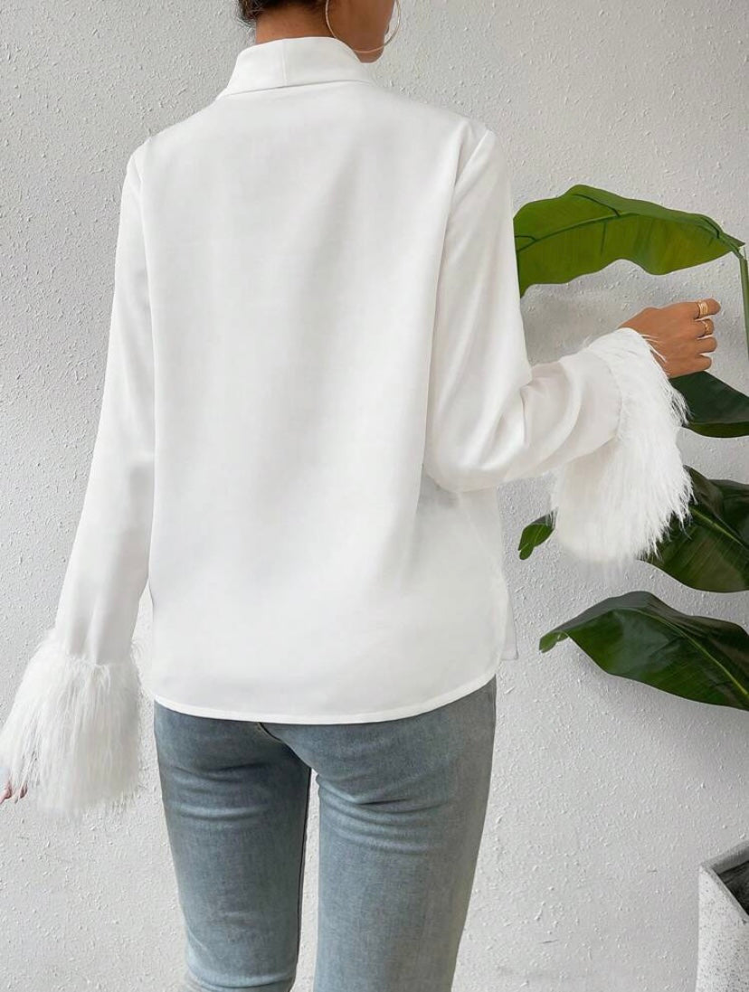 CM-TS554145 Women Elegant Seoul Style V-Neck Solid Fringe Cuff Wrap Blouse - White