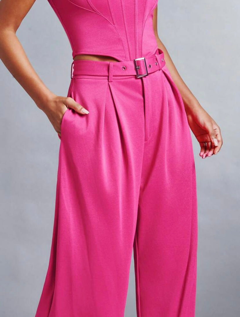 CM-BS377138 Women Elegant Seoul Style Fold Pleated Detail Wide Leg Pants - Hot Pink