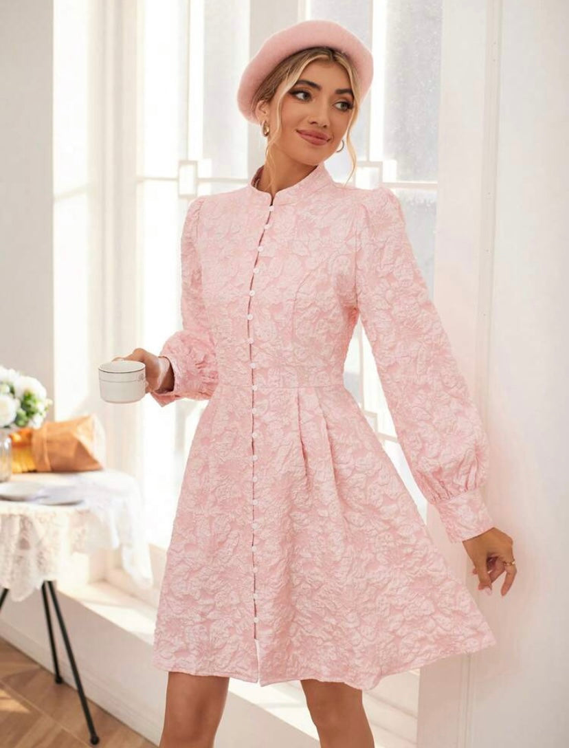 CM-DS779971 Women Elegant Seoul Style Jacquard Mock Neck Lantern Sleeve Ruffle Hem Dress